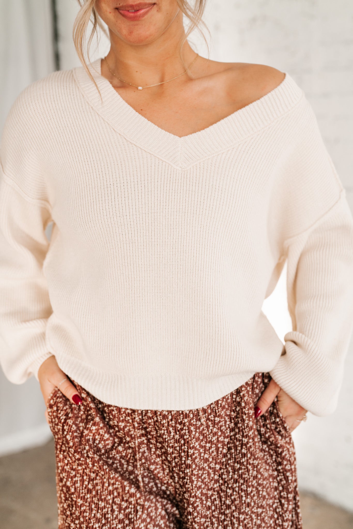 New In Neutral V-Neck Knit Sweater