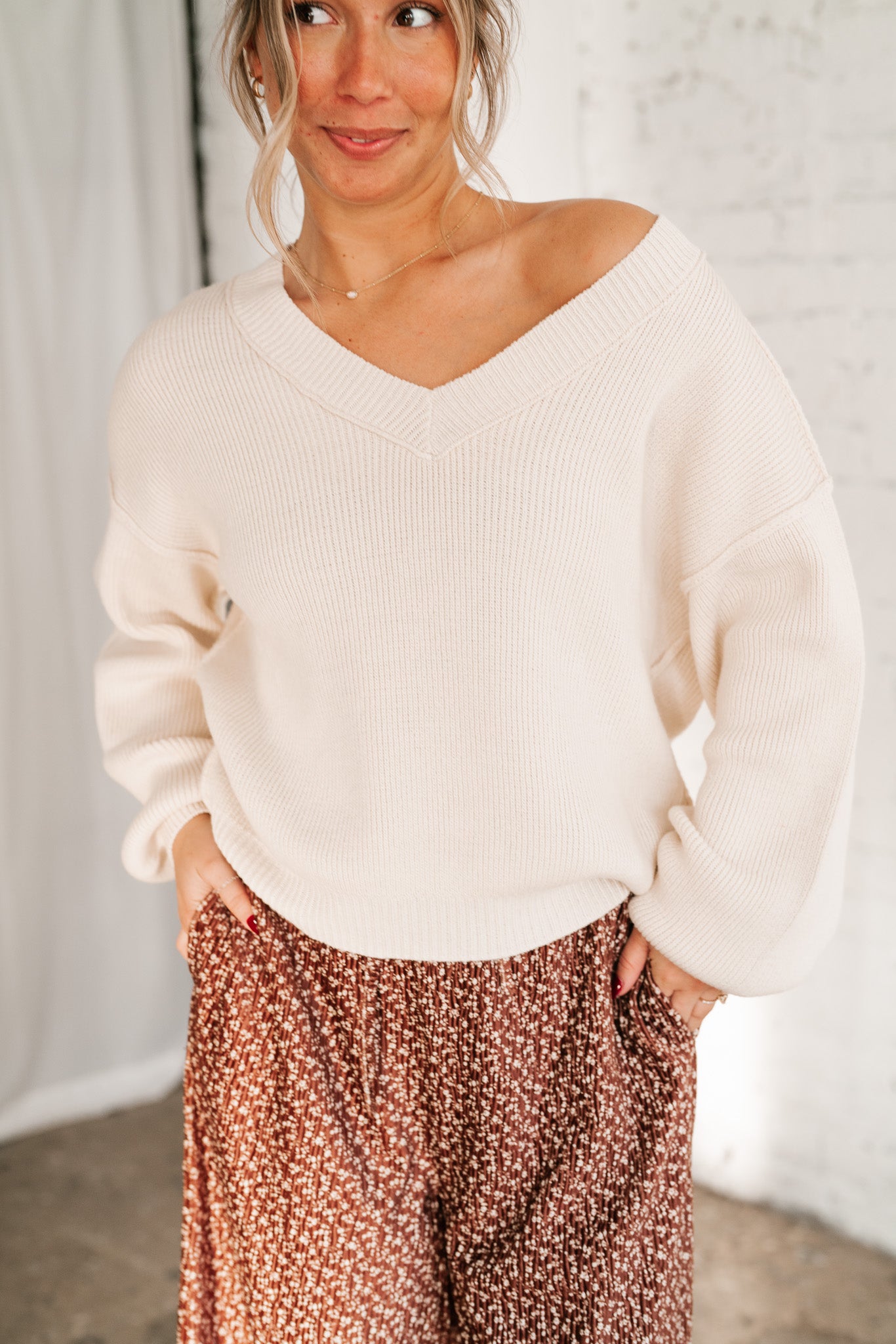 New In Neutral V-Neck Knit Sweater