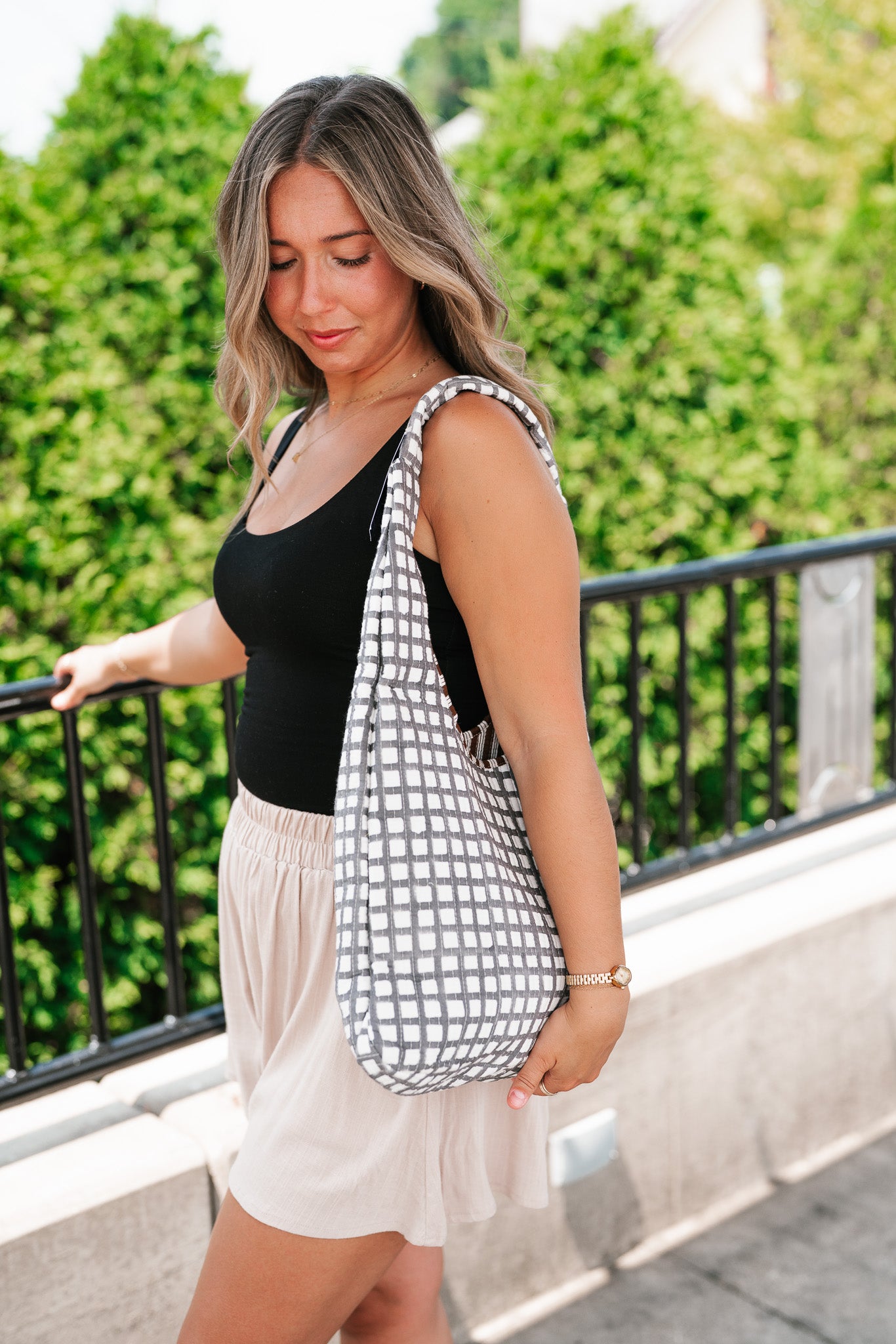 Gingham Patchwork Shoulder Bag - Gray