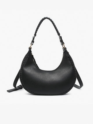 Black crescent leather shoulder bag with braided handle and modern hobo silhouette.
