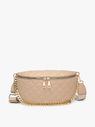 Beige quilted leather belt bag with gold chain strap and adjustable crossbody belt.
