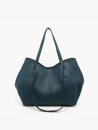 Deep teal leather tote handbag with structured silhouette and long shoulder straps.