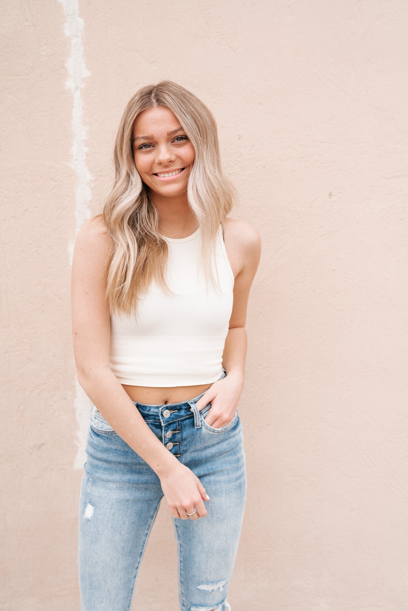 White Ribbed High Neck Tank