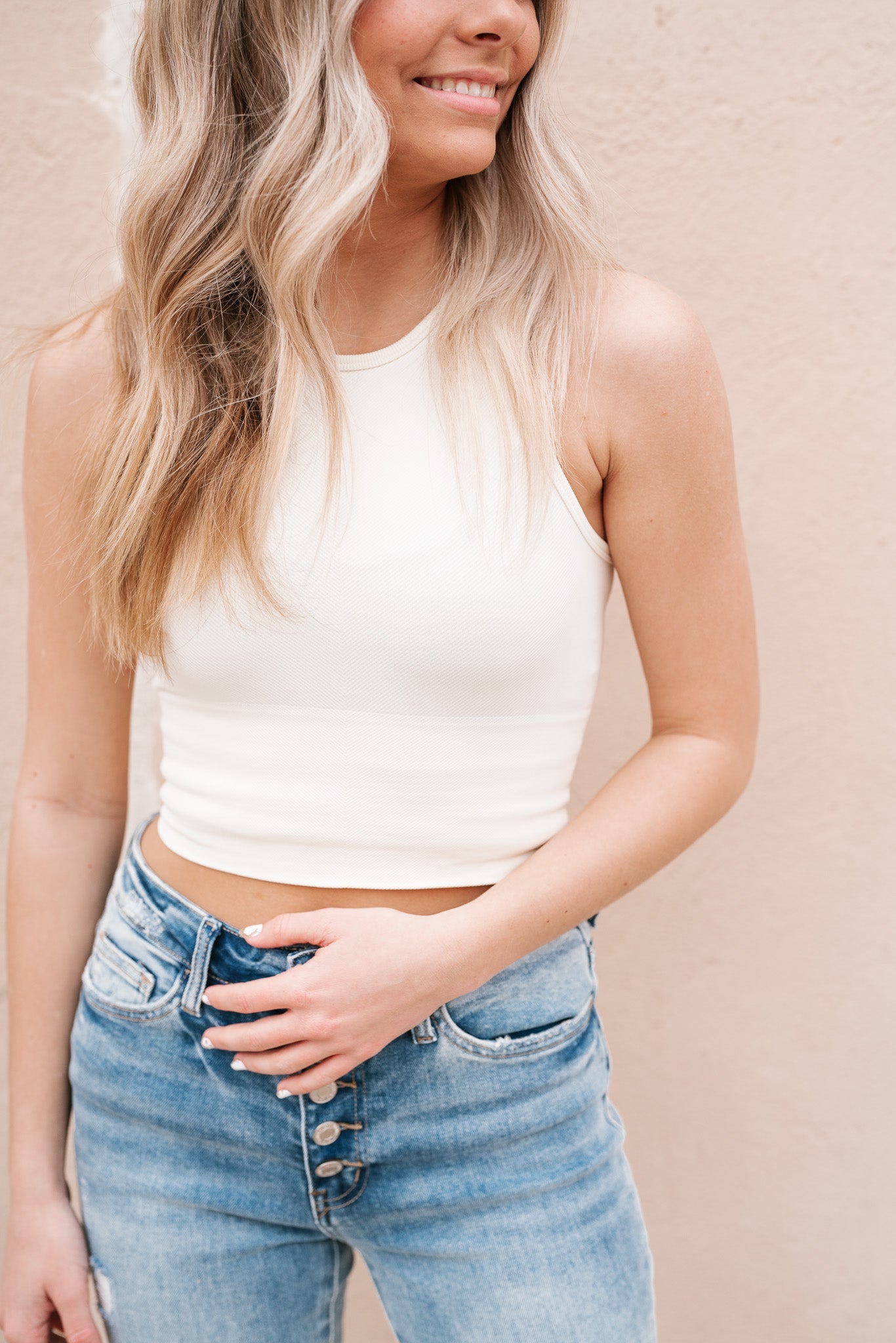 White Ribbed High Neck Tank
