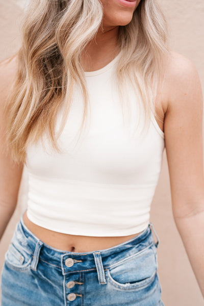 White Ribbed High Neck Tank