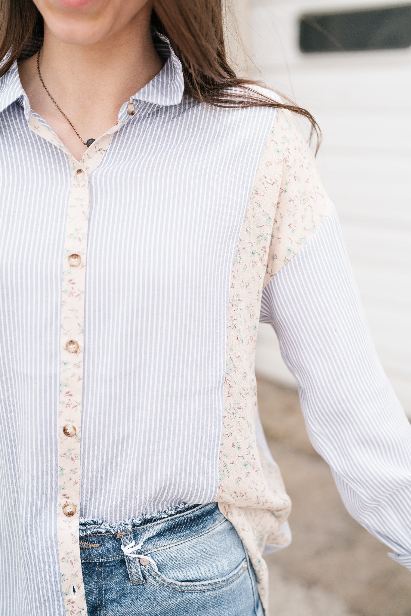 April Mixed Pattern Button Down Top