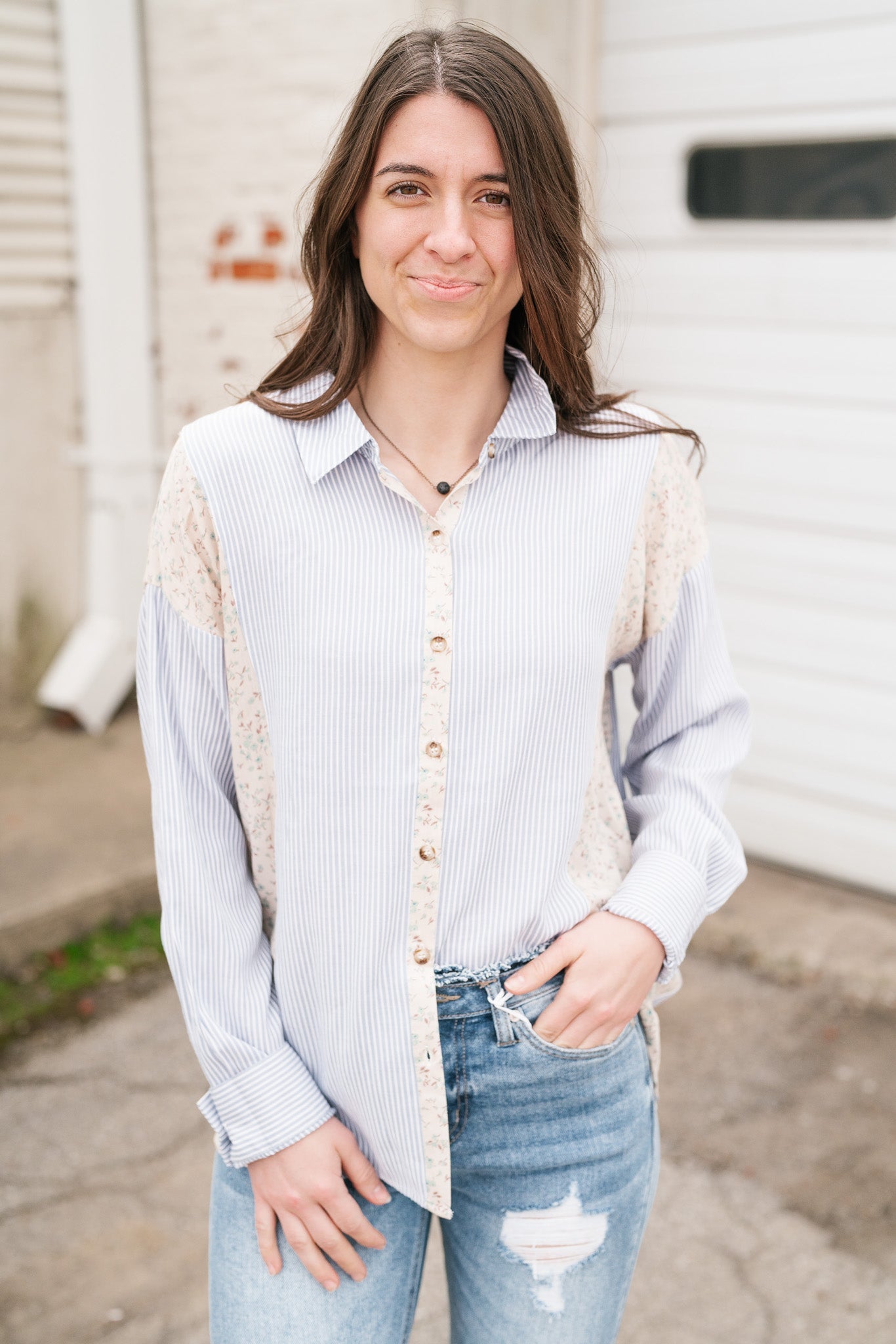 April Mixed Pattern Button Down Top