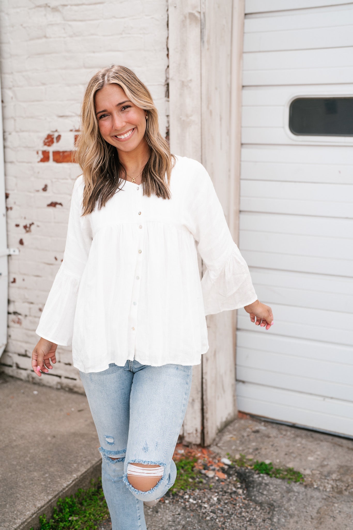 Buttoned Up Bliss White Textured Top