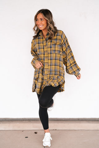 Everyday Plaid Button-Up Oversized Flannel - Marigold