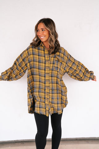 Everyday Plaid Button-Up Oversized Flannel - Marigold
