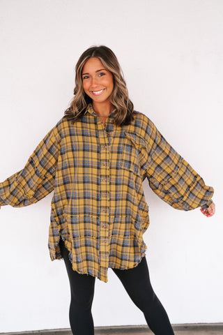 Everyday Plaid Button-Up Oversized Flannel - Marigold