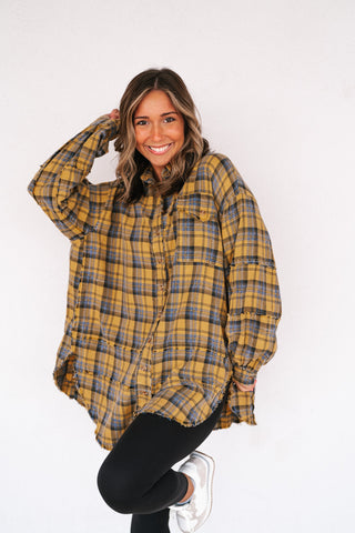 Everyday Plaid Button-Up Oversized Flannel - Marigold