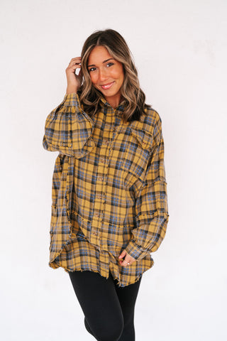 Everyday Plaid Button-Up Oversized Flannel - Marigold