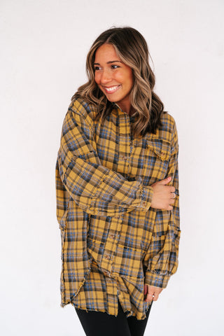 Everyday Plaid Button-Up Oversized Flannel - Marigold