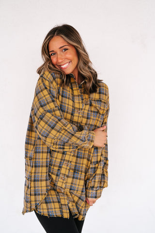 Everyday Plaid Button-Up Oversized Flannel - Marigold
