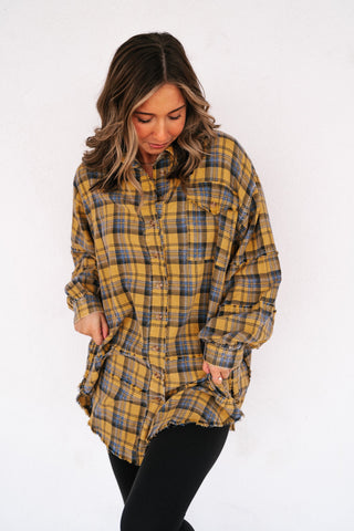 Everyday Plaid Button-Up Oversized Flannel - Marigold