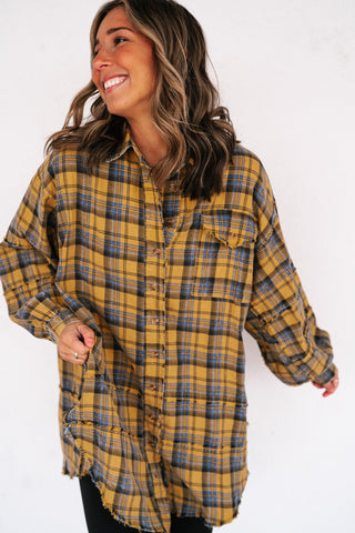 Everyday Plaid Button-Up Oversized Flannel - Marigold