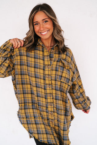 Everyday Plaid Button-Up Oversized Flannel - Marigold
